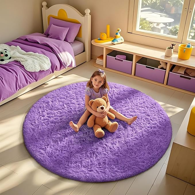 Ophanie Round Rugs 6Ft Purple Circle Area Rug, Cute Room Decor for Teen Girls, Fluffy Fuzzy Bedroom Carpet, Plush Soft Shaggy Living Room Rugs for Kids Home Decor Aesthetic, Nursery