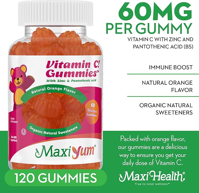 Maxi Health Vitamin C Gummies with Zinc Vitamin C with Zinc for Children and Adults - Respiratory Support and Immune Booster - No Preservatives and Artificial Flavors (60 Count (Pack of 2))