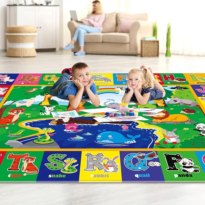 Kids Play Rug, Animals Print ABC Educational Mat for Floor, Playroom, Non-Toxic Soft Baby Crawling and Tummy Time Nursery Rug (Green, 110.2X78.7 INCH)