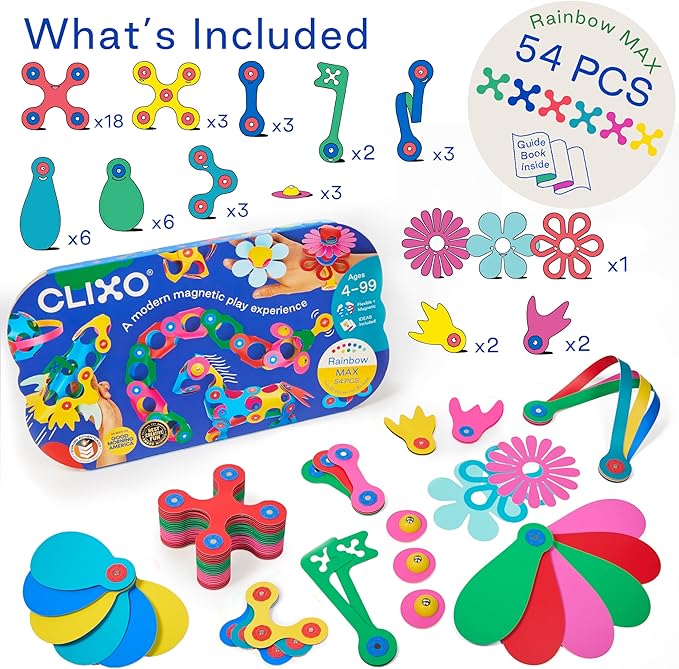 Clixo Rainbow Max 54 Piece Pack - Flexible, Durable, Imagination-Boosting Magnetic Building Toy- Modern, Modular Designs for Hours of STEM Play. A Multi-Sensory Magnet Toy, Travel Friendly. Ages 4-99