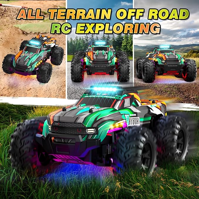 BLUEJAY Remote Control Car, 1:16 All Terrain High Speed RC Cars Truck for Boy, Rechargeable Monster RC Truck with Colorful LED Lights & Spray, RC Cars Toys Gifts for Adults Kids Boys Girls 4-7 8-12
