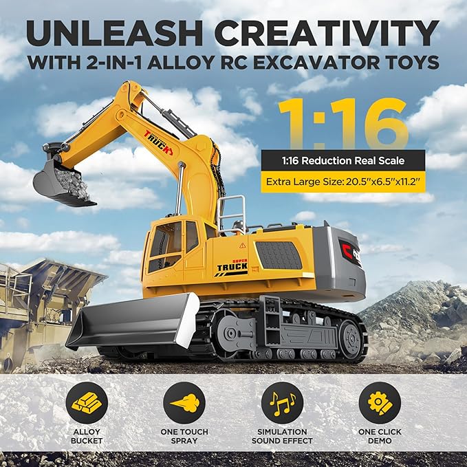 21" Large Remote Control Excavator Toy with Metal Bucket & Dozer Blade, 15-Channel RC Excavator Toys for Boys 6+ Kids Adults Construction Vehicles Christmas Birthday Gift, 120+Mins/Spray/Sound/Light