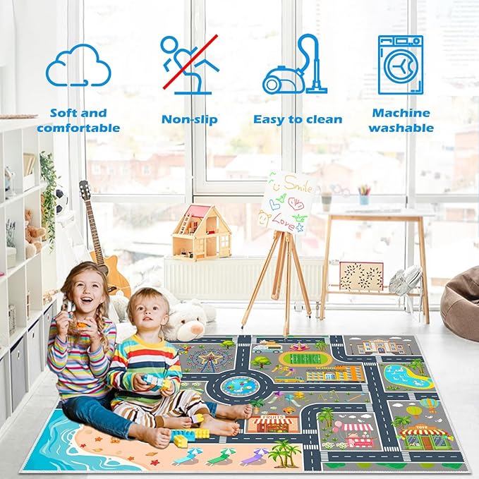 Kids Carpet Playmat Car Rug, Car Rug for Kids Toy Cars and Train, Non Slip Play Mat for Playroom Kids Room, City Life Educational Road Traffic Carpet for Classroom Nursery(Grey,79×118in)