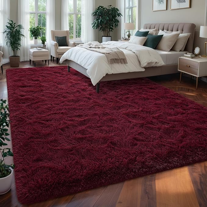 Nuttumico Extra Large Burgundy Fluffy Area Rugs for Living Room, 8x10 Feet Ultra Soft Indoor Modern Plush Fuzzy Rug, Thickened Carpet for Kids Playroom, High Pile, Non Slipping