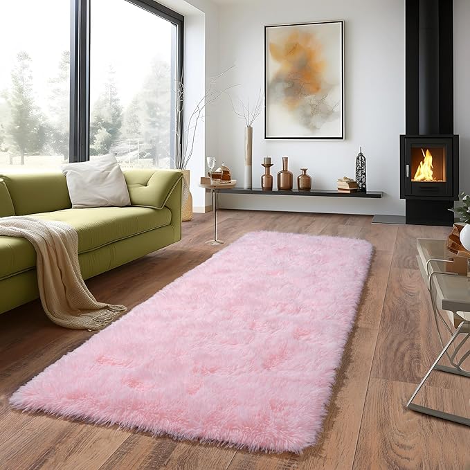 Super Fluffy Throw Rug for Bedroom, Modern Shag Pink Area Rugs, Soft and Cozy Plush Small Carpet for Kids,Girls Boys and Teens Decorations for Living Room Dorm Nursery Classroom, 2x6 Feet