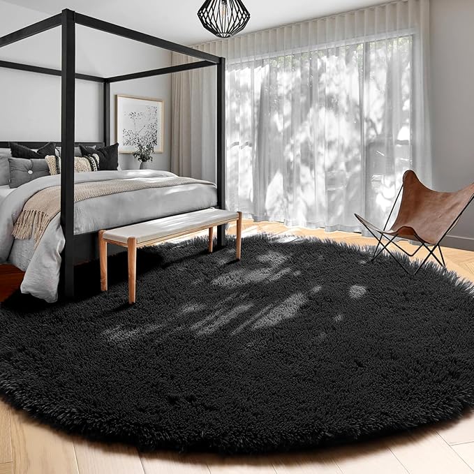 Black Round Rug 6Ft for Bedroom Aesthetic, Fluffy Plush Circle Area Rugs for Living Room, Large Big Fuzzy Modern Cool Carpet for Baby Kids Teen Boys Mens, Office Playroom Nursery Apartment Home Decor