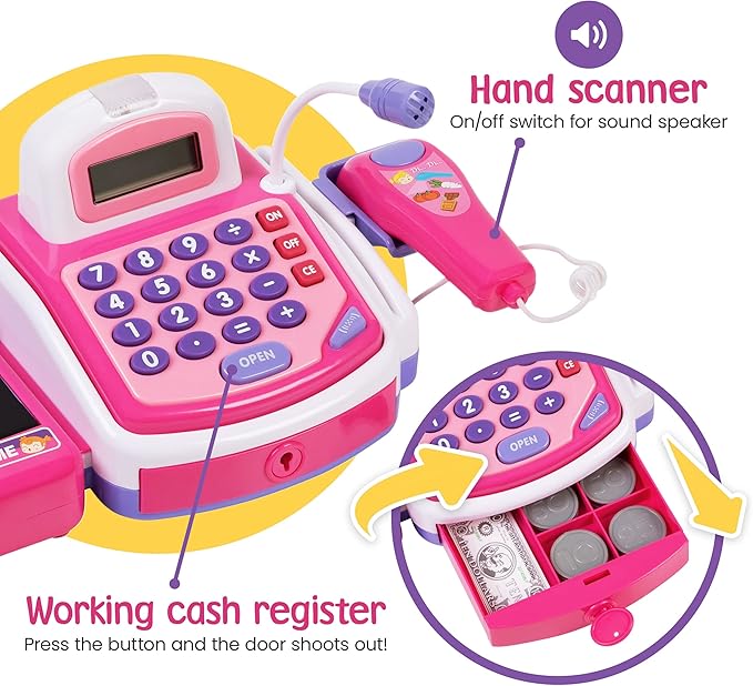 PREXTEX Pretend and Play Electronic Toy Cash Register, Shopping Till Includes Play Money, Scanner, Calculator, Mic Speaker for Kids, Great Gift for 3+ Year Old Girls and Boys