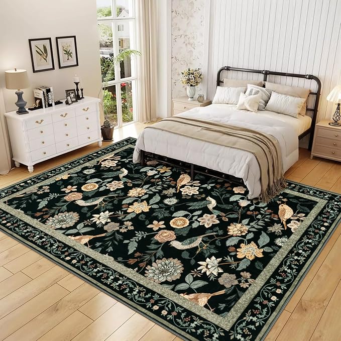 Floral Washable 8x10 Area Rugs for Living Room, Boho Birds Black/Beige Large Bedroom Rug Soft Non-Slip Vintage Dining Room Rug, Low Pile Botanical Floor Carpet for Kids Room Classroom