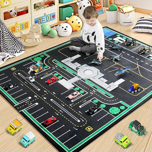 Kids Rug, Road Rug for Kids with Combined City Road Traffic System, Car & Airport Rugs, 3x5 Ft Children’s Play Rugs for Playroom, Children’s City Traffic Map Fun Car Carpet, Non-Slip