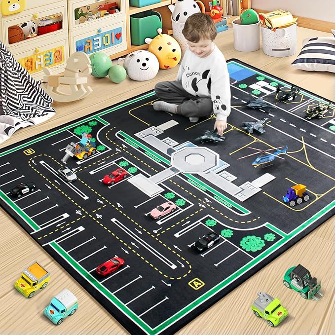 Kids Rug, Road Rug for Kids with Combined City Road Traffic System, Car & Airport Rugs, 4x6 Ft Children’s Play Rugs for Playroom, Children’s City Traffic Map Fun Car Carpet, Non-Slip