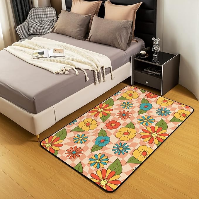 Erosebridal Girls Kawaii Vintage Floral Area Rug 4x5,Cute 70S Groovy Flowers Decorative Rug Teen Women Hippie Aesthetic Retro Pink Abstract Checkered Colorful Non Slip Carpet