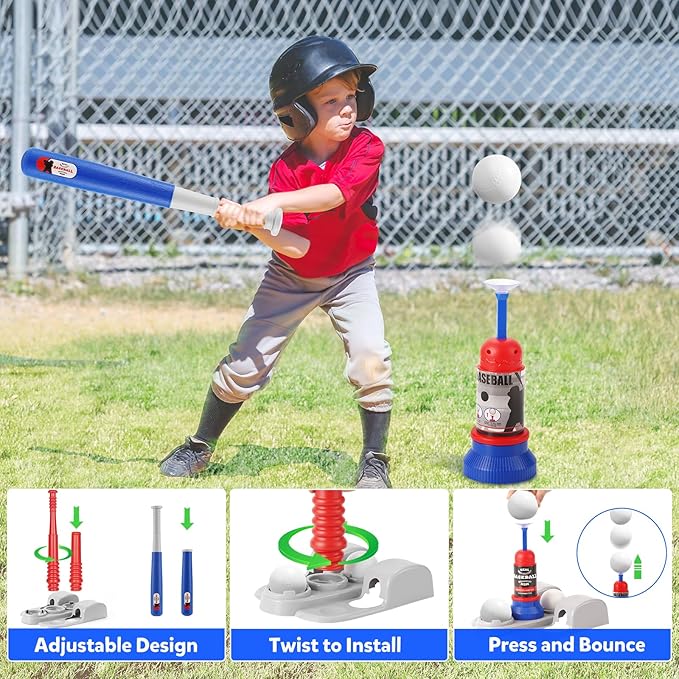 T Ball Set, Tee Ball Set for Kids 3-5 with 6 Large Baseballs & Automatic Pitching Machine & Adjustable Batting Bat, Outdoor Games Sports Toy Gift for Toddlers Boys Girls Ages 5-8 8-12