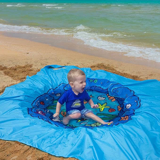 RunNico 6.6 x 6.6 Ft Portable Baby Beach Pool, Waterproof Beach Pool Blanket for Toddler with Water Bag, Collapsible Beach Puddle Mat for Boys Girls Kids Infant Outdoor Summer Vacation