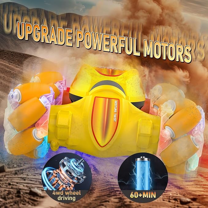 Gesture Sensor RC Cars, Hand Controlled Stunt Remote Control Car Toys for 6-12 yr Kids Boys, 2.4GHz 4WD Double Sided RC Twist Car with Lights Music, Birthday Xmas Gifts for Boys Girls, Yellow