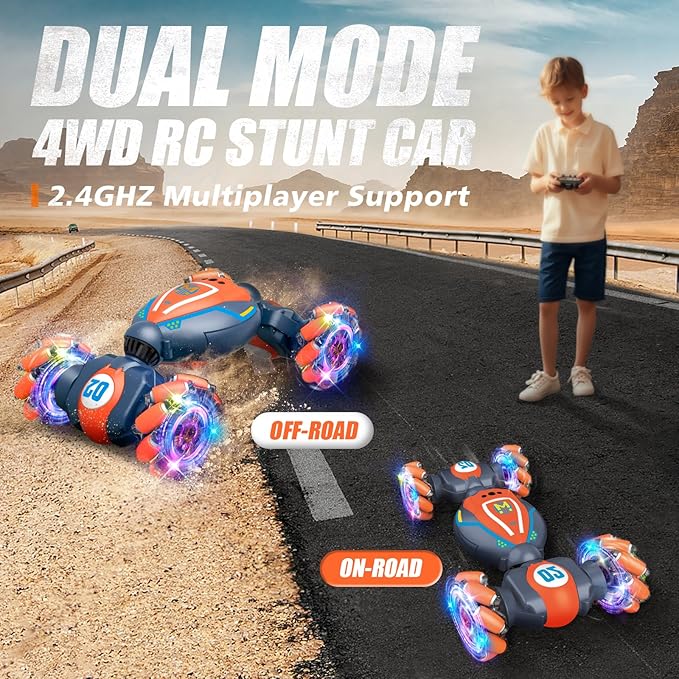Rc Car Boys Toys 6-8 Years Old,Cool Birthday Gifts for Boys Ages 8-13 4WD Gesture Sensing Rc Stunt Car for Ages 5 7 9 10 Years Old Kids with Light and Music,Large-Orange
