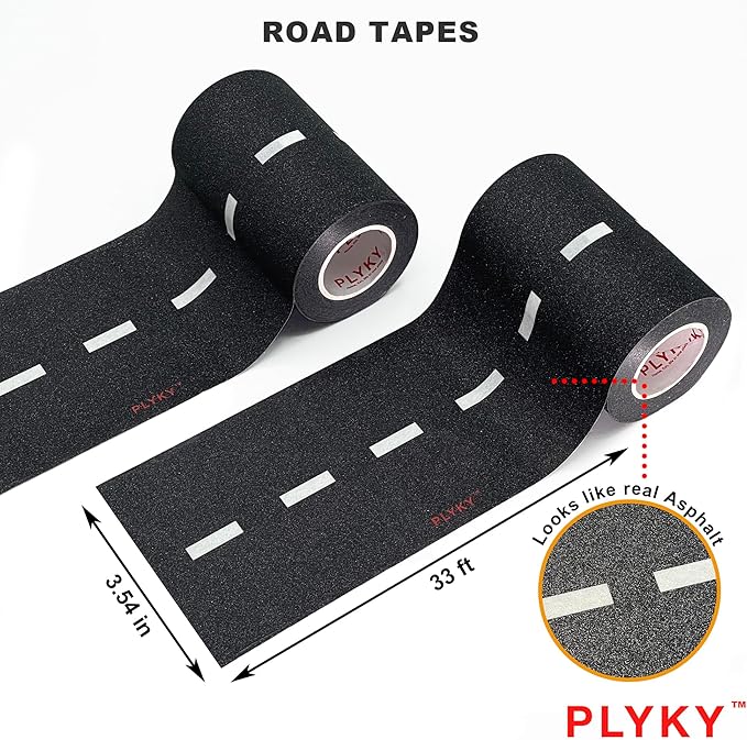 Deluxe Road Tape Play Set - 2x33ft Extended Track with Curves, 30 Traffic Sign Stickers & Durable Drawer Box - Versatile Car Track Tape for Kids, Creative Toy Car Track & Car Track Rug Alternative