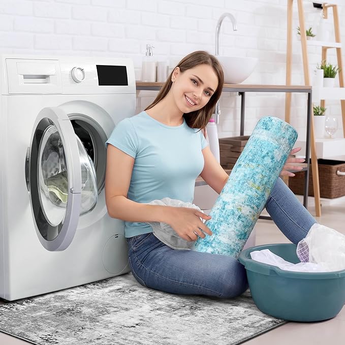 Runner Rug for Kitchen Teal Blue Hallways Runner Rug Non Slip 2'6''x8' Washable Long Runner Rugs with Rubber Backing Soft Abstract Carpet Runner for Entryway, Kitchen, Bedroom, Bathroom