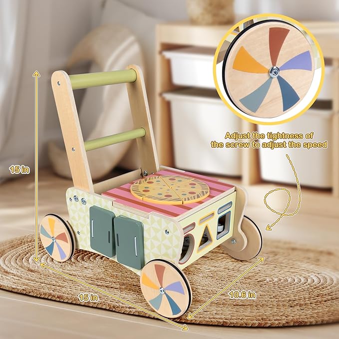 Baby Push Toys, Wooden Play Kitchen Food Cart, Montessori Acitivty Center Walker Toys for 1 2 Year Old Girl Boys Gifts