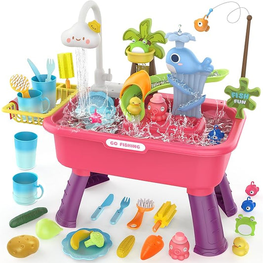 Kitchen Play Sink Toys with Running Water for Kid 4-8,4-in-1 Electric Water Table for Toddlers 1-3 with Water Pump,Animals, Food, Tableware,Color Changing Pretend Role Birthday Toy for Boy and Girl