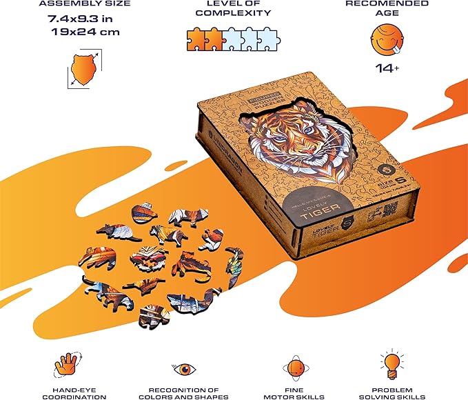 UNIDRAGON Original Wooden Jigsaw Puzzles - Lovely Tiger, 104 Pieces, Small 7.4"x9.3", Beautiful Gift Package, Unique Shape Best Gift for Adults and Kids