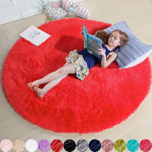 Amdrebio Red Round Rug 5Ft for Boys Bedroom, Fluffy Fuzzy Circle Area Rugs for Kids Room Decor Aesthetic, Plush Shaggy Furry Carpet for Living Room Nursery Dorm Classroom, Shag Baby Teen Christmas Rug