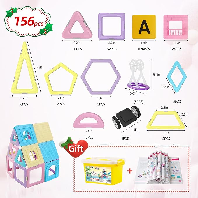 MAGBLOCK Magnetic Tiles with 2 Cars-156Pcs Magnet Toys Set for 3+ Year Old Boys Girls Toddlers, Idea for Girls Magnetic Blocks Building STEM Creativity Educational Toys for Kids