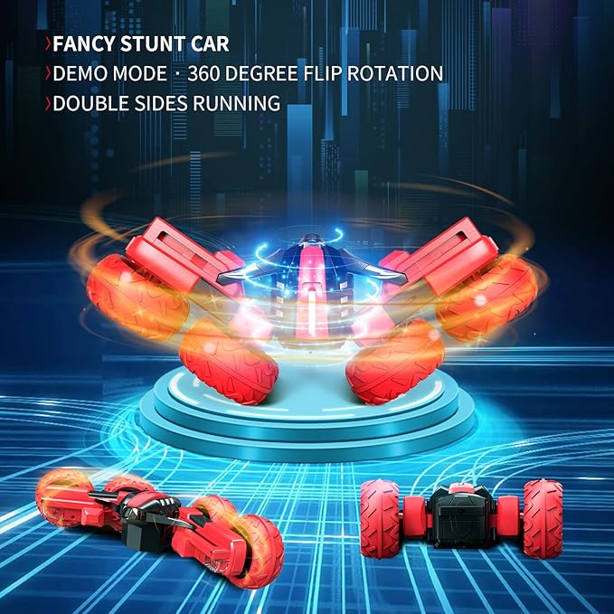 Remote Control Car for 6-12 Years Old Boys Girls Birthdays Present Gift, Hobby RC Car Stunt with LED Light Electric 4WD 2.4Ghz Double Sided Rotating Racing Vehicle 360° Flips Offroad Kids Toy Red