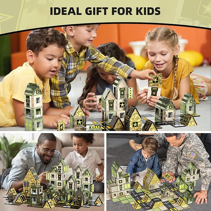 GobiDex 100PCS Army Magnetic Tiles Building Toys for 3+ Years Old Boys, Military Magnetic Blocks STEM Sensory Birthday Gifts for Army Men Playset, Upgraded Stacking Magnets for Kids