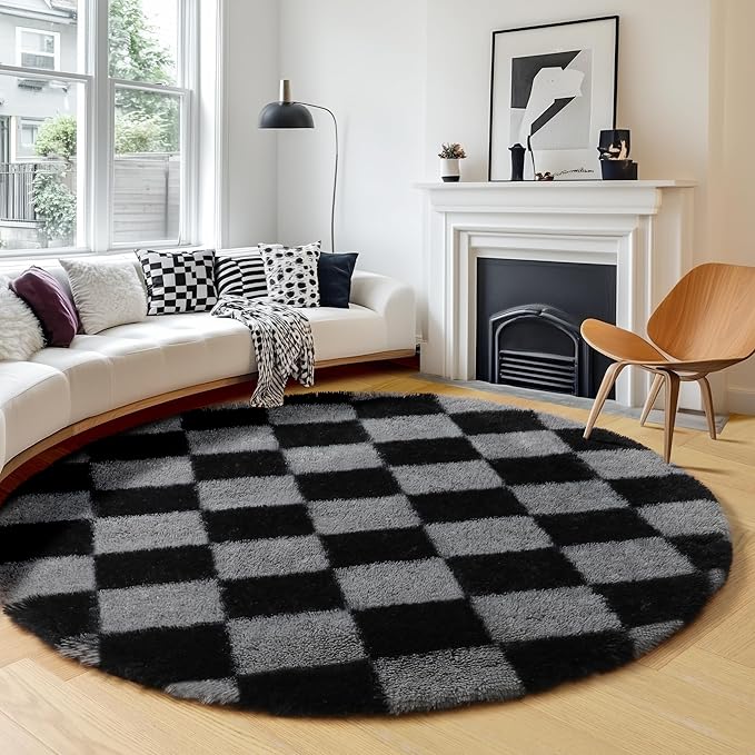 KICMOR Round Rug 4ft for Bedroom, Soft Fluffy Circle Area Rug Cute Fuzzy Shag Shaggy Small Living Room Carpet, Black and Grey Plush Checkered Circular Rug for Kids Room Nursery Home Decor Aesthetic