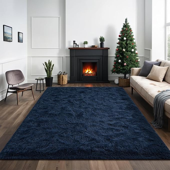 Nuttumico Fluffy Navy Blue Rug Carpet for Bedroom Living Room, 4x6 ft Area Rugs for Boys Kids Girls Bedroom Decor, Soft Shaggy Plush Floor Rug for Kids Nursery, Non-Slip