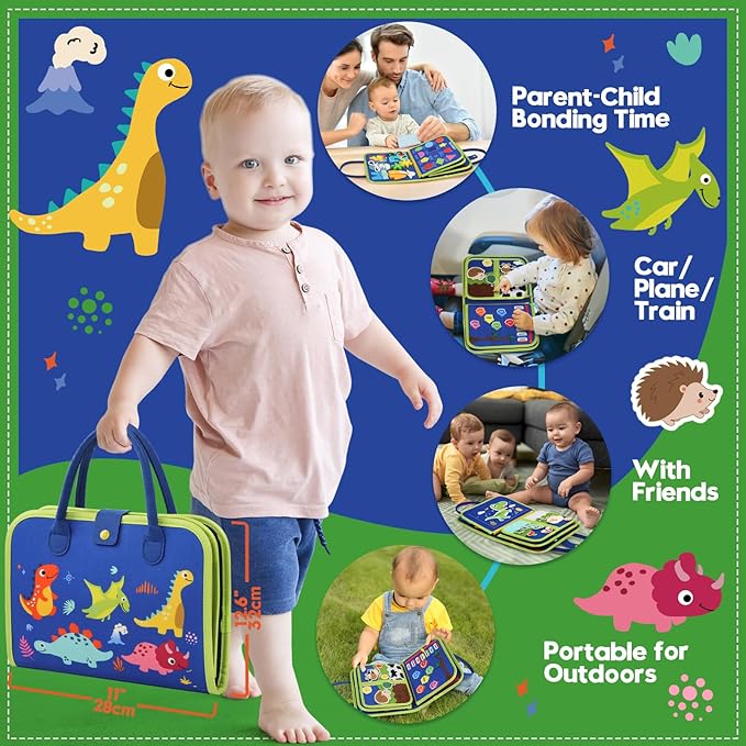 Toddler Sensory Busy Board: Travel Toy Activity Book for Girls Boys, Motor Skill Development Gift for Baby Aged 3-4 Years, Fine Educational Preschool Montessori Learning Toy for Car Airplane Dinosaur