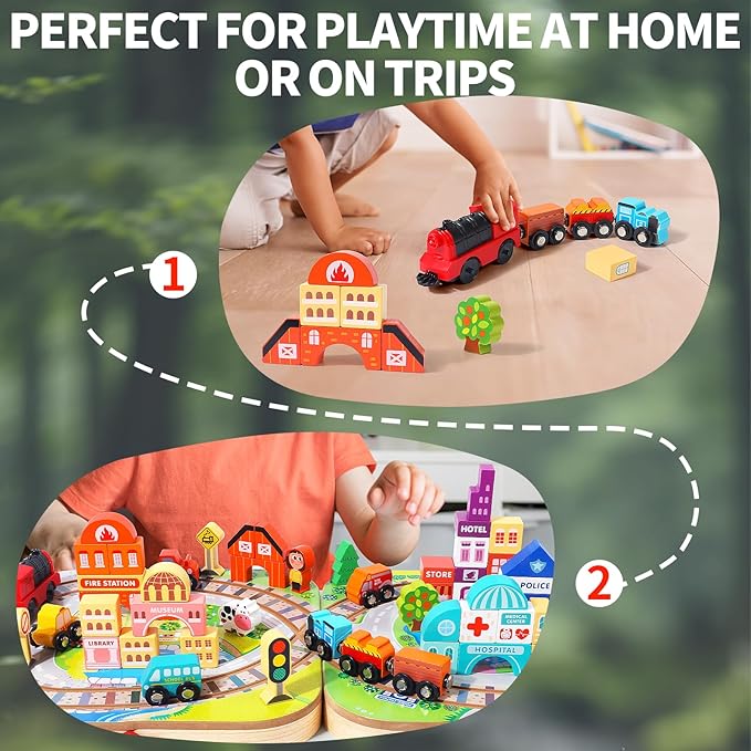 Wooden Take-Along Tabletop Railroad, Wooden Train Sets for Kids Ages 3+