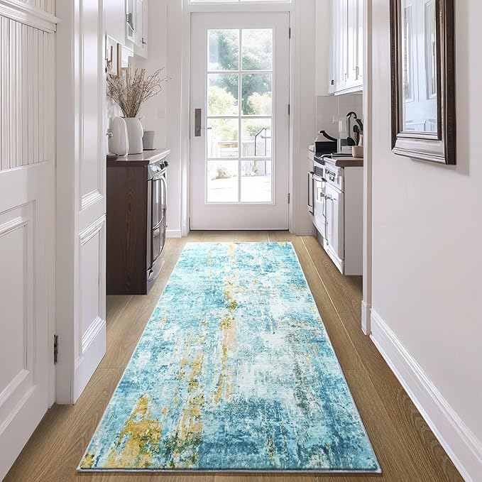 Runner Rug for Kitchen Teal Blue Hallways Runner Rug Non Slip 2'6''x8' Washable Long Runner Rugs with Rubber Backing Soft Abstract Carpet Runner for Entryway, Kitchen, Bedroom, Bathroom
