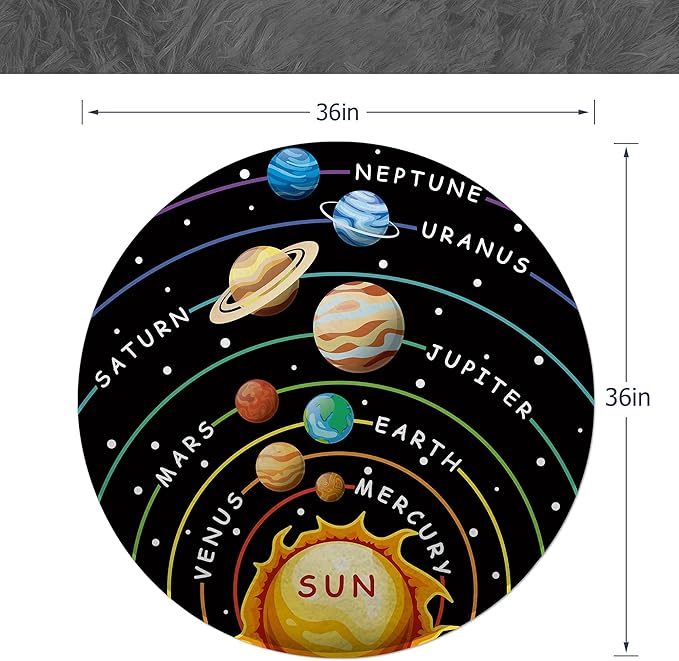 Cinbloo Space Rug for Kids Room Galaxy Solar System Area Round Mat for Boys Bedroom Educational Learning Planet Black Nursery Playroom Classroom Soft Floor Carpet (Black, 36"x36")