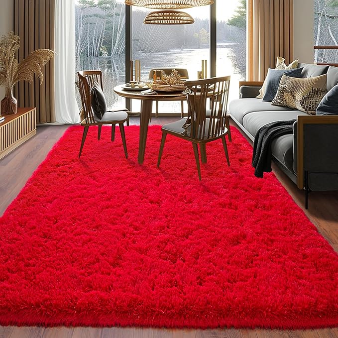 Super Fluffy 8x10 Rugs for Living Room, Modern Shag Red Area Rugs, Soft and Cozy Plush Large Under Bed Carpet for Kids, Girls Boys and Teens Decorations for Bedroom Dorm Nursery Classroom