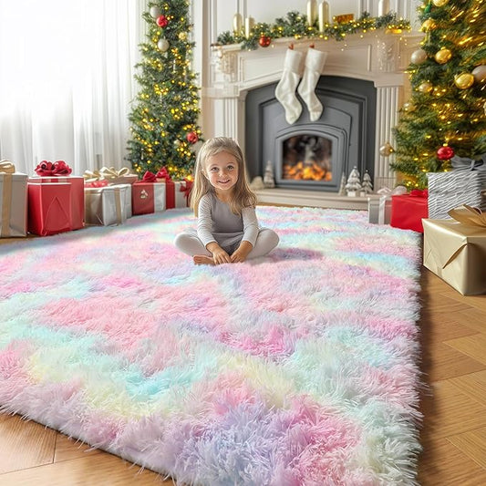Amdrebio Rainbow Fluffy Kids Rugs for Girls Bedroom, Unicorn Room Decor, 5x7 Colorful Pastel Shag Area Rugs for Playroom Nursery Classroom, Cute Fuzzy Kawaii Princess Carpet for Baby Toddler Teen