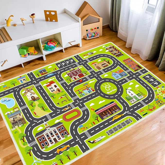 Kids Carpet Car Rug Play Mat, Road Rug, ABC Rugs Play Learn and Safely Extra Large Thickand Non-Slip, Car Carpet for Kids Playroom, Kids Bedroom (2.6x4ft)