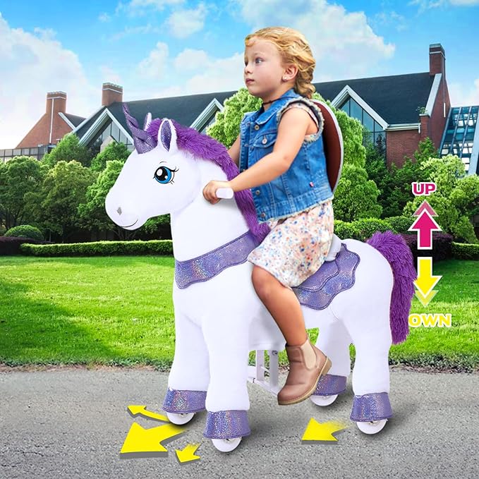 PonyCycle Ride on Unicorn Riding Unicorn Toys with Brake, Essential Model E Interactive Toy Unicorn Gifts for Girls (30" Height/Size 3 for Age 3-4) Riding Horse Ride on Toy Stuffed Animal Purple E313
