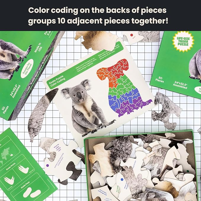 50 Piece Trivia Floor Jigsaw Puzzle - Life Size Koala - Educational Trivia On Each Piece – Fun Gift for Kids Enjoyable for Adults, Ages 3+ XL Puzzle Size Assembled 24" x 32.5" - Made in USA