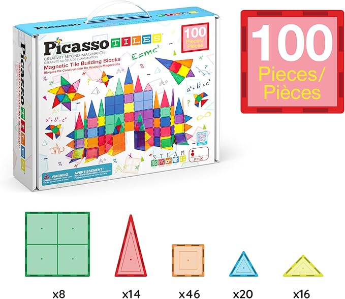 PicassoTiles 100 Piece Set 100pcs Magnet Building Tiles Clear Magnetic 3D Blocks Construction Playboards, Creativity Beyond Imagination, Inspirational, Recreational, Educational Conventional