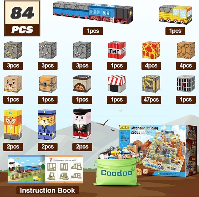 Magnetic Blocks - Build Mine Magnet World Mine Train Track Set, Magnetic Building Blocks Toddler Toys STEM Sensory Outdoor Toys for 3+ Year Old Boys & Girls, Kids Toy for Ages 4-6 6-8 5-7