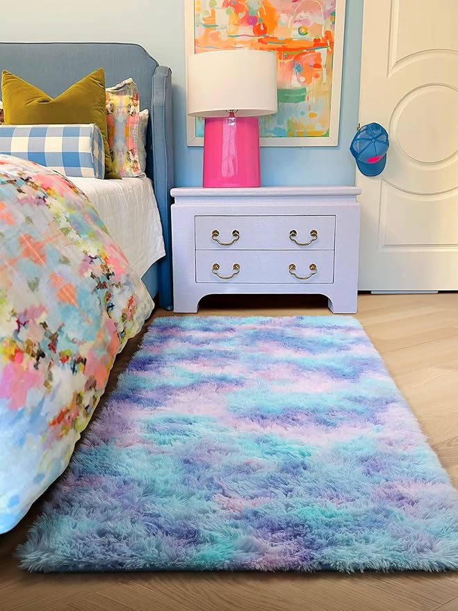 PAGISOFE Furry Rainbow Rugs for Bedroom Girls, 2x4 Soft Purple Shag Tent Rugs for Livingroom, Bedside, Kids Room, Nursery, Home Decor, Fluffy Fuzzy Carpet Plush Mermaid Kawaii Throw Rug Pink Rug