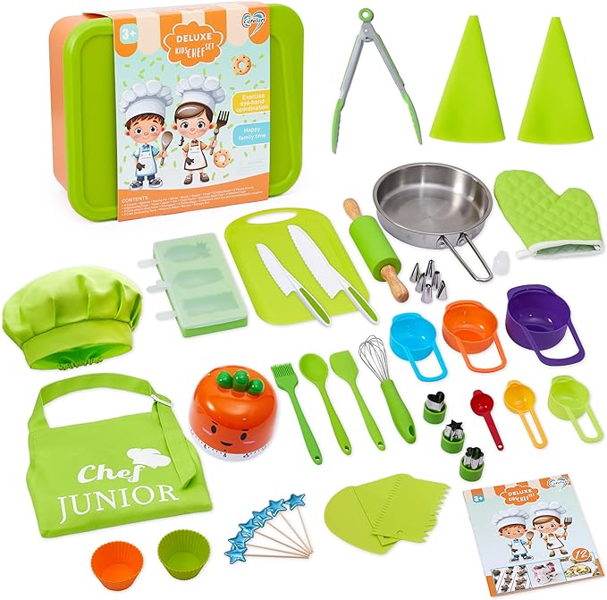 Real Cooking Set,Carolart Kids Baking Set,Kids Knife Set,Cookware,Kids Play Pots and Pans,Mini Stainless Steel Pretend Play Cooking Toys,Apron and Chef Hat for Boys,Sensory Toys…