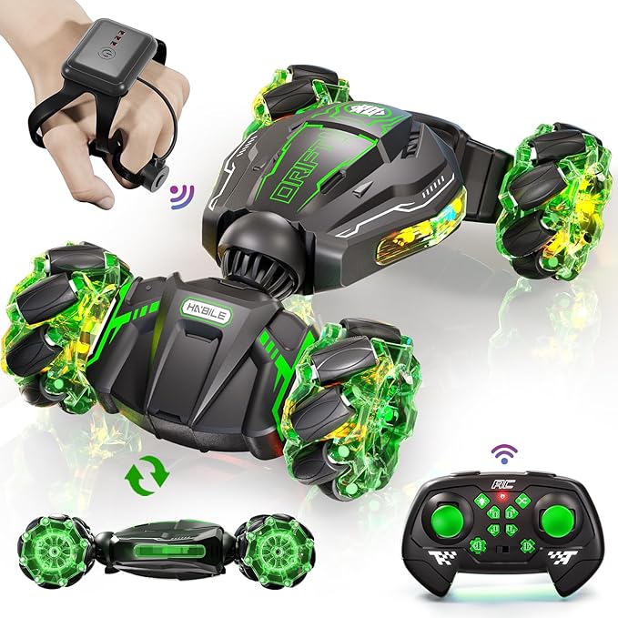 Remote Control Car, 2.4GHz 4WD Gesture Sensing RC Stunt Car, Drift Hand Controlled Twist Cars with Light & Music, Cool Birthday Gifts for Kids Boys Toy Age 6 7 8 9 10 11 12 Years Old(Green)