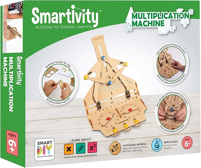 Smartivity Multiplication Machine 3D Wooden Model Engineering Educational Toy for Kids Ages 6 and Up, includes Rubber Bands, Engineered Wood Components, Instruction Manual, Learner's Log