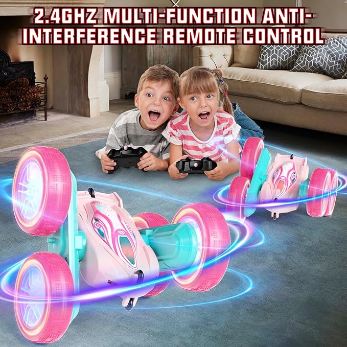 Remote Control Car Toys for Girls & Boys, 4WD Gesture RC Stunt Cars, High Speed RC Truck with Double Sided 360 Flips and Headlights Wheel Lights, Off-Road Stunt Car Toys for Kids 6-12 yr (Pink)
