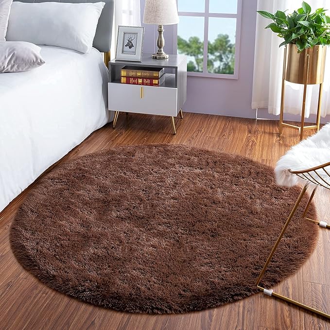 LOCHAS Luxury Round Fluffy Area Rugs for Bedroom Kids Girls Room Nursery, Super Soft Circle Rug, Cute Shaggy Carpet for Children Living Room, 4x4 Feet Brown