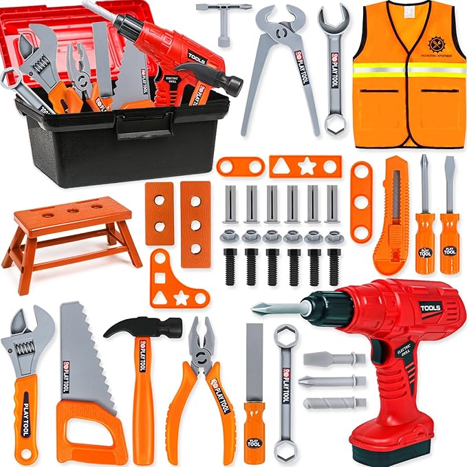 Kids Tool Set - 50Pcs Toddler Tool Set Age 3-5 Construction Toys with Tool Box & Electronic Toy Drill Pretend Play Dress Up Toddler Boys Toys 4-6 Birthday Gifts for 3 4 5 6 7 Year Old Boy Girl