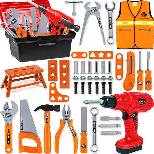 Kids Tool Set - 50Pcs Toddler Tool Set Age 3-5 Construction Toys with Tool Box & Electronic Toy Drill Pretend Play Dress Up Toddler Boys Toys 4-6 Birthday Gifts for 3 4 5 6 7 Year Old Boy Girl