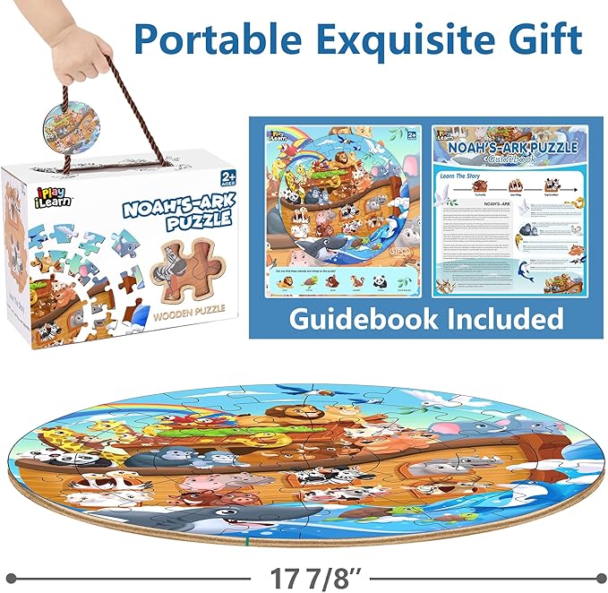iPlay, iLearn Toddlers Noah's-Ark Wooden Animal Puzzles, Kids Floor Puzzles for Ages 3-5, 4-8, Large 51 Pieces Round Jigsaw Puzzle Educational Toys, Birthday Gift for 6 7 Years Old Boys Girls Children
